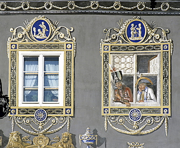 Garmisch-Partenkirchen, zum Husar Inn, painted windows, Upper Bavaria, Bavaria, Germany, Europe