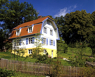 Muenter House, also known as the "Russian House, " inhabited by Russian painter Vassily Kandinsky and German Expressionist painter Gabriele Muenter in the summers 1909-1914, Murnau, Upper Bavaria, Bavaria, Germany, Europe