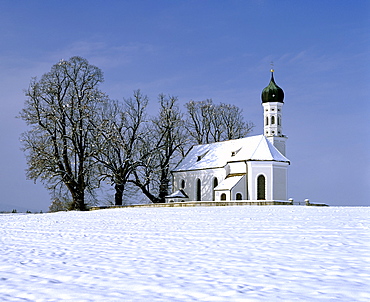 Andreas church near Etting in winter, Weilheim district, Upper Bavaria, Germany