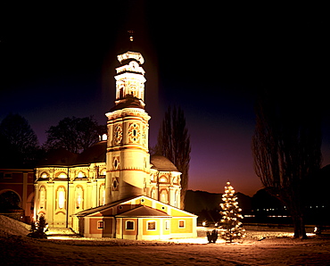 Wintertime, Karlskirche Church, Christmas tree, near Volders, Inn Valley, Tirol, Austria, Europe