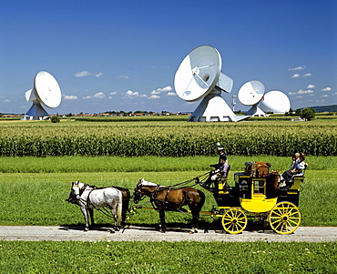 Antennas of the Satellite Earth Station Raisting, historical stagecoach, radome, Upper Bavaria, Bavaria, Germany