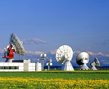 Inmarsat antennas of the Satellite Earth Station Raisting, Upper Bavaria, Bavaria, Germany