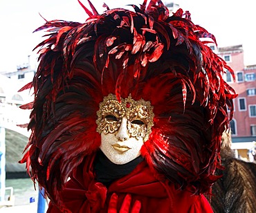 Mask with red plumes at the carnival in Venice, Italy