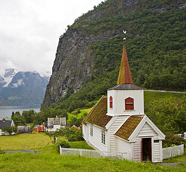 Norway's smallest stave church in Undredal at Aurlandsfjord, Norway, Scandinavia, Europe