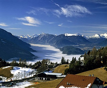 View from Moesern to the Inntal, right hand Mieminger Kette and Hohe Munde with Tschirgant, Tyrol, Austria