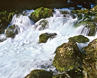 Small waterfall in a mountain stream with moss-covered rocks, movement