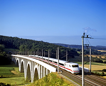 721 m or 2365 ft-long Waelsebachtalbruecke (Waelse Valley Bridge), part of the ICE Hanover-to-Wuerzburg high-speed railway line near Kirchheim, Hesse, Germany, Europe