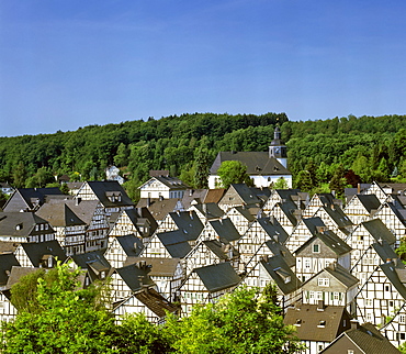 Fachwerk-style houses in the historic centre of the town of Freudenberg, North Rhine-Westphalia, Germany, Europe