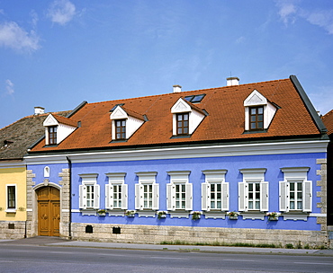 Blue house facade, St. Margarethen, Burgenland, Austria, Europe