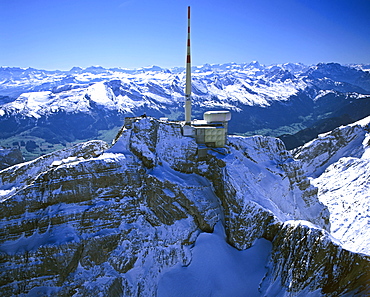 Aerial shot, Saentis, radio tower, Appenzeller Alps, Appenzell, Switzerland, Europe