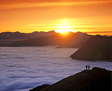 View of the Wetterstein Range at sunset, seen from Mt. Jochberg, Upper Bavaria, Bavaria, Germany, Europe