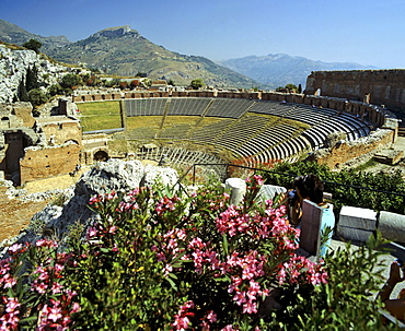 Ancient Roman theatre in Taormina, upper tiers, Sicily, Italy