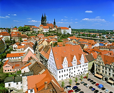 Town Hall, market square and cathedral, panoramic view, Meissen, Saxony, Germany