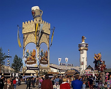 Towers of the Paulaner and Loewenbraeu beer brewery beer tents Oktoberfest Munich Germany