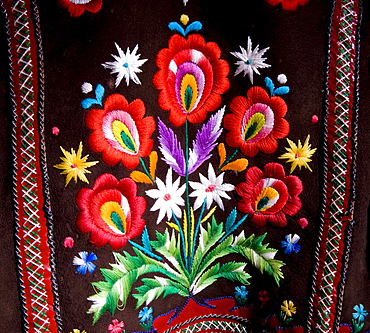 Traditional, handcrafted textile bearing an edelweiss design at a museum in Zdiar, High Tatra Mountains, Slovakia, Europe