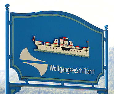 Wolfgangsee lake pleasure cruise sign, Wolfgangsee lake, Salzburg, Austria, Europe