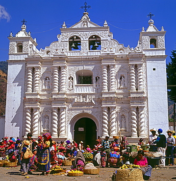 Market and baroque church in Zunil, Guatemala