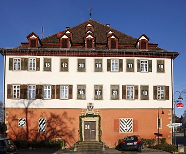 Advent calendar in the windows of the Red Castle, Jagsthausen an der Jagst, Hohenlohe, Baden-Wuerttemberg, Germany, Europe, PublicGround