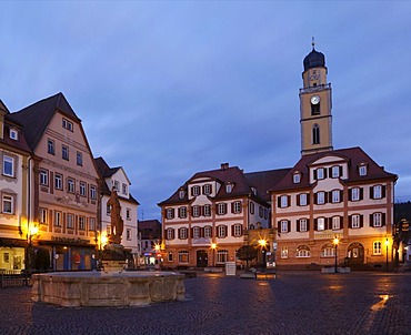 Marktplatz square with twin houses and the tower of the Cathedral of St. John Baptist, Bad Mergentheim, Tauber, Hohenlohe, Baden-Wuerttemberg, Germany, Europe