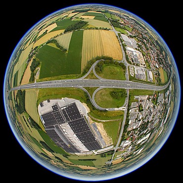 Aerial view, fisheye shot, exit Hamm-Rhynern, building site at the highway entrance Rhynern, Hamm, Ruhr Area, North Rhine-Westphalia, Germany, Europe