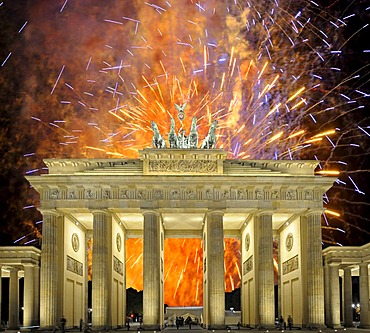 Fireworks behind Brandenburg Gate, Berlin, Germany, Europe, composing, PublicGround