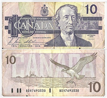 Old banknote, front and rear, 10 Canadian Dollars, Bank of Canada, circa 1989