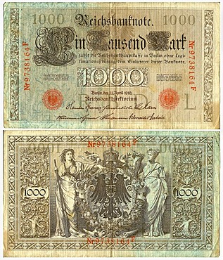 Old banknote, front and rear, Reichsbanknote, 1000 reichsmark, Reichsbankdirektorium, circa 1910