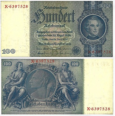 Old banknote, front and rear, Reichsbanknote, 100 reichsmark, Reichsbankdirektorium, circa 1935