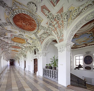 Stucco in the Prince's Wing with stairwell, Benedictine monastery Kloster Wessobrunn, Pfaffenwinkel, Upper Bavaria, Bavaria, Germany, Europe