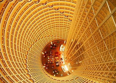 skyscraper Jin Mao Tower 420 m high with inner view to lobby from above modern architecture night view