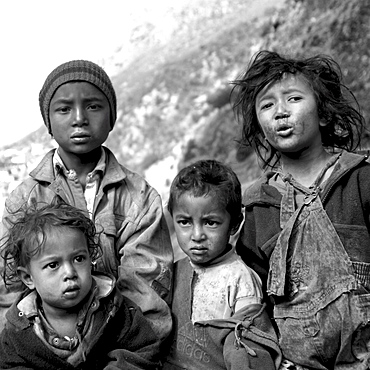 Children of the kumbu. Group of 4 Children, Black & White, Everest Region, Nepal.