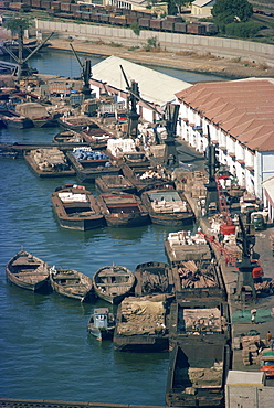 Boats and barges along the waterfront of the docks in Karachi, Pakistan, Asia