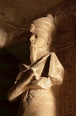 Statue inside the mortuary temple of Ramses II dedicated to Re-Herakhte, moved when Aswan High Dam built, Abu Simbel, UNESCO Heritage Site, Nubia, Egypt, North Africa, Africa