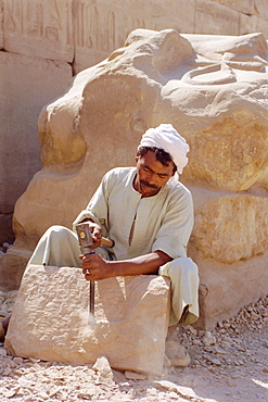 Stone mason at Temple of Karnak, Egypt, North Africa