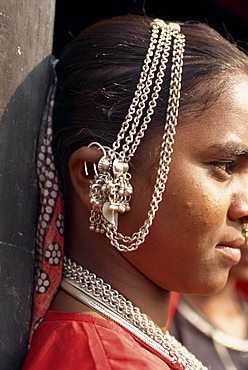 Close-up of ear adornments, Dhariyawad, Rajasthan state, India, Asia