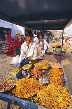 Snack food stall and stall holder, Dhariyawad, Rajasthan State, India