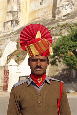 Soldier in ceremonial turban, Udaipur, Rajasthan state, India, Asia