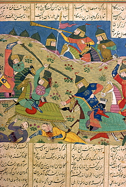 Manuscript showing battle, Khawian-Homo Decorative Arts Museum, Teheran, Iran, Middle East