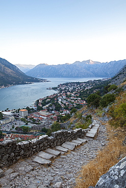 Kotor Old Town and fortifications at sunrise, Bay of Kotor, UNESCO World Heritage Site, Montenegro, Europe 