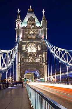 Long exposure of traffic over Tower Bridge at dusk, London, England, United Kingdom, Europe