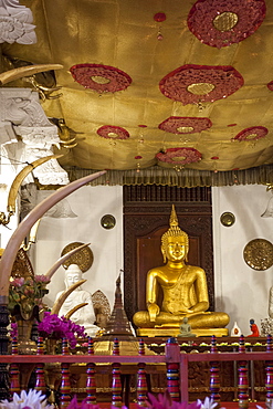 Golden sitting Buddhist statue, Temple of the Sacred Tooth Relic, UNESCO World Heritage Site, Kandy, Sri Lanka, Asia 