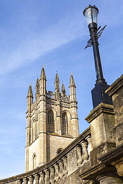 The Great Tower of Magdalen College with typical archaic lampost in foreground, Oxford, Oxfordshire, England, United Kingdom, Europe