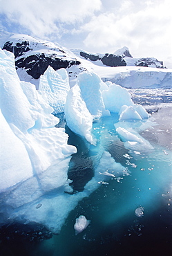 Sculptured iceberg both above and below the water, Paradise Bay, Antarctica, Southern Ocean.