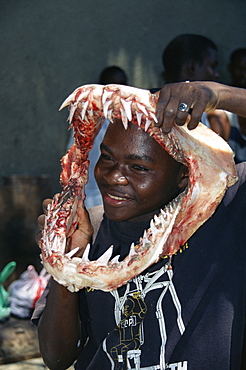 Fishermen displaying tiger shark (Galeocerdo cuvier) jaw in the fish market. Dar es Salaam, Tanzania