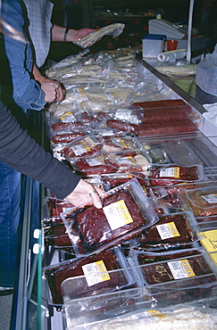 Locally caught whale meat on sale at flea market in Reykjavik, capital of Iceland.