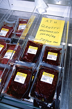 Locally caught whale meat in Reykjavik flea market (2004) after the resumption of commercial whaling in Iceland.