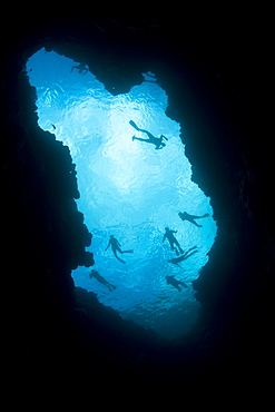 Snorkelers on the surface of a blue hole.  Virgin Blue Hole dive site, Palau, Micronesia, Pacific Ocean.  More info:  Blue holes such as this are submerged limestone sink holes.