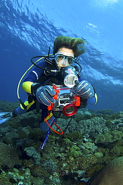 diver with compact camera, Indonesia