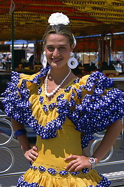 Woman in flamenco dress, April Fair, Seville, Andalucia, Spain, Europe