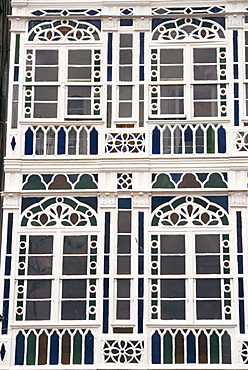 Detail of Las Gallerias, glassed frontages, of houses in La Coruna, Galicia, Spain, Europe